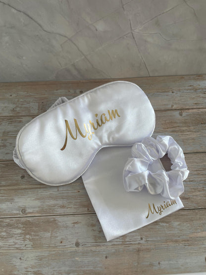 Masque de nuit + chouchou personnalisés satinés - Pyjama Party / Mariage / EVJF / Anniversaire