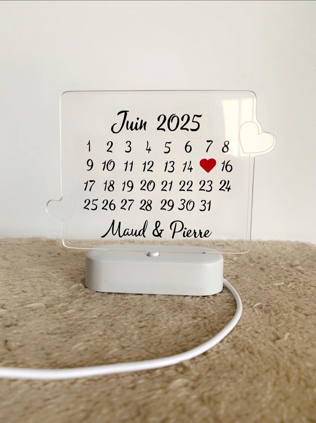 Cadre lumineux personnalisé  Prénoms + date - Rencontre / Mariage