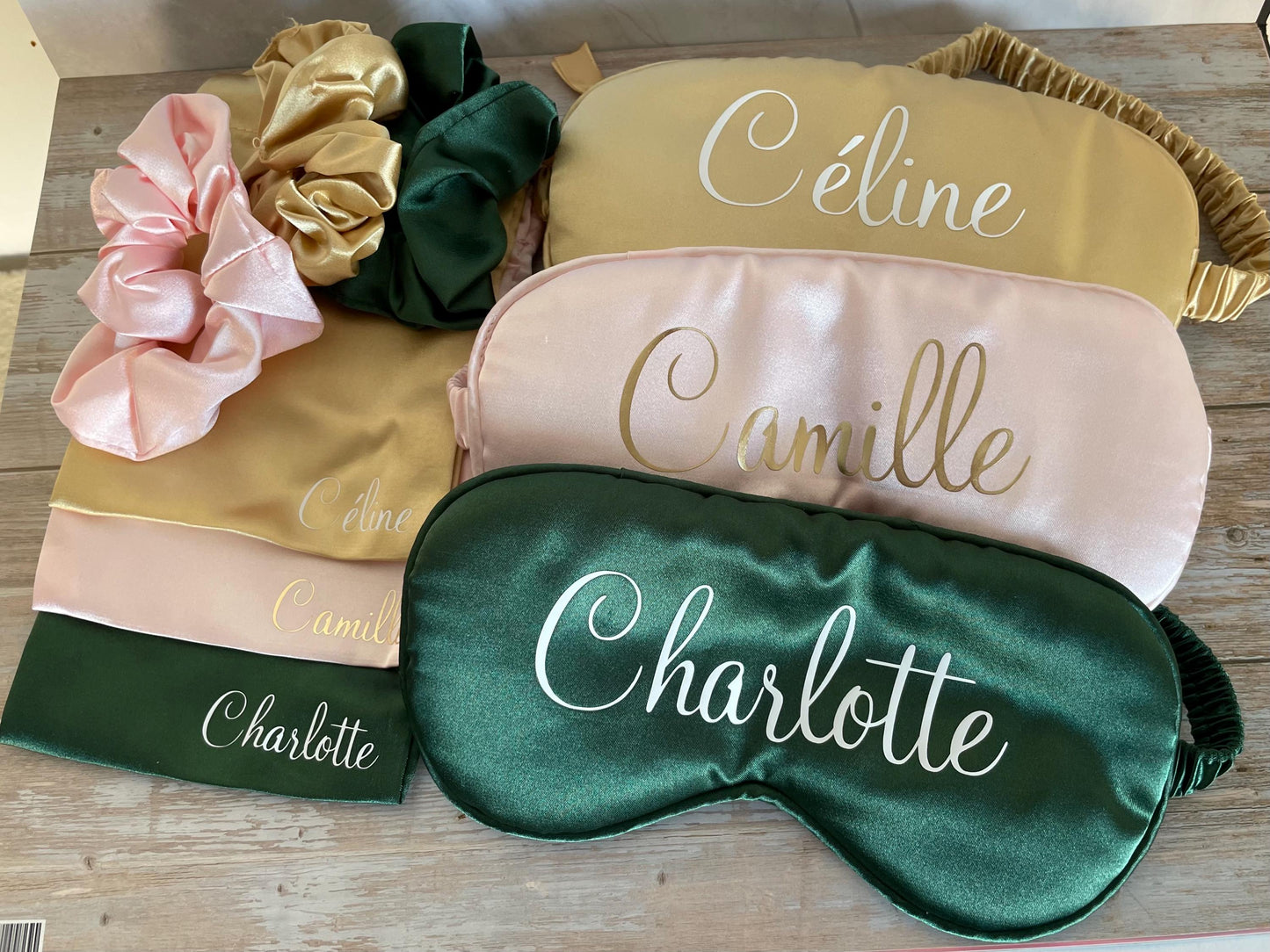 Masque de nuit + chouchou personnalisés satinés - Pyjama Party / Mariage / EVJF / Anniversaire